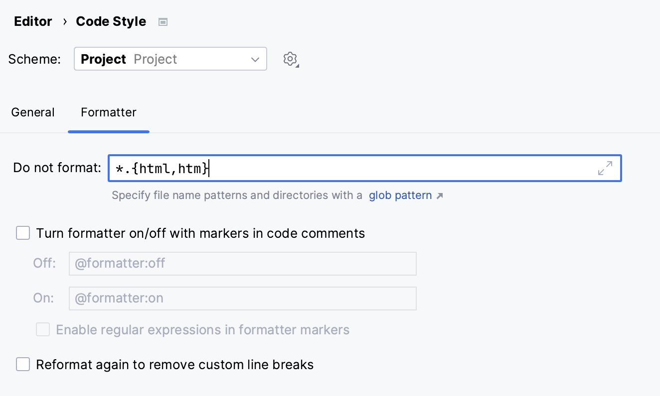 Specifying a glob pattern for excluding files from reformatting