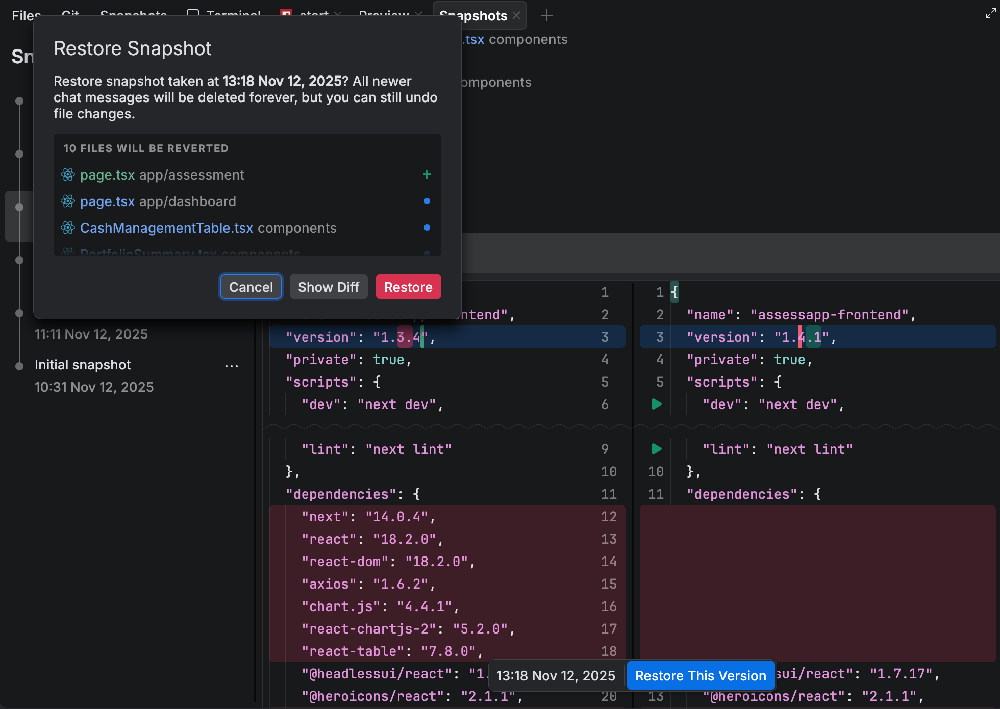 Restore snapshot dialog Restore snapshot dialog