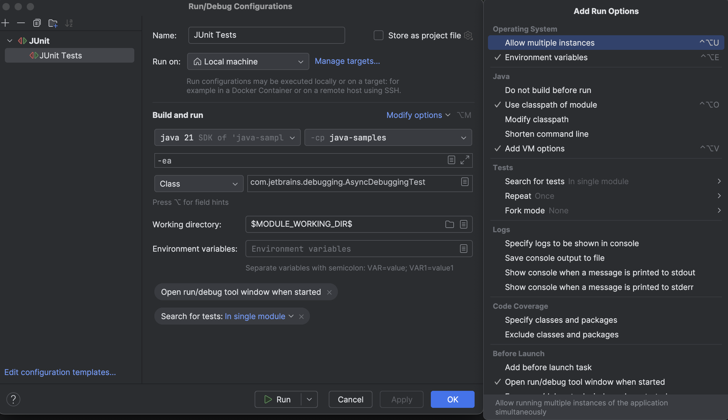 Run/Debug configuration: JUnit | Aqua Documentation