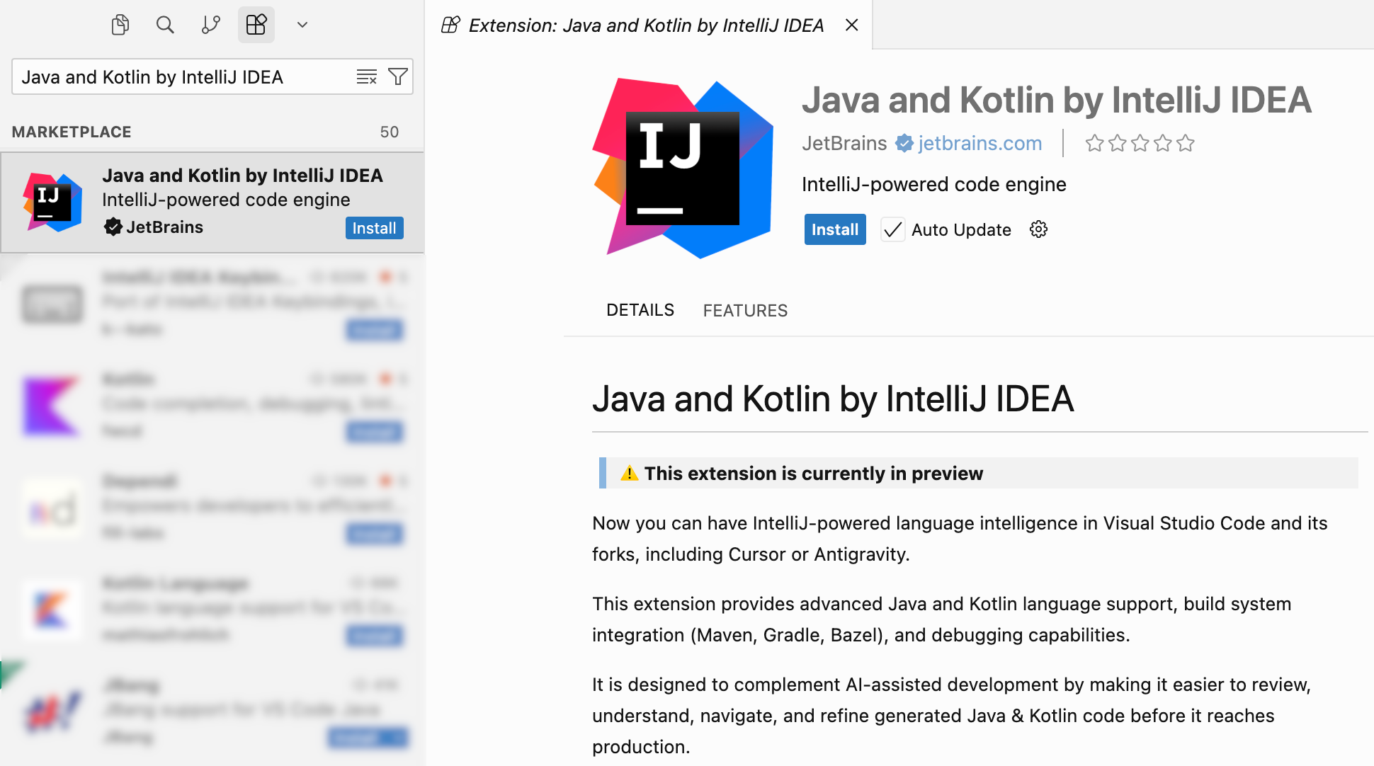 Install the Java and Kotlin by IntelliJ IDEA extension in Cursor