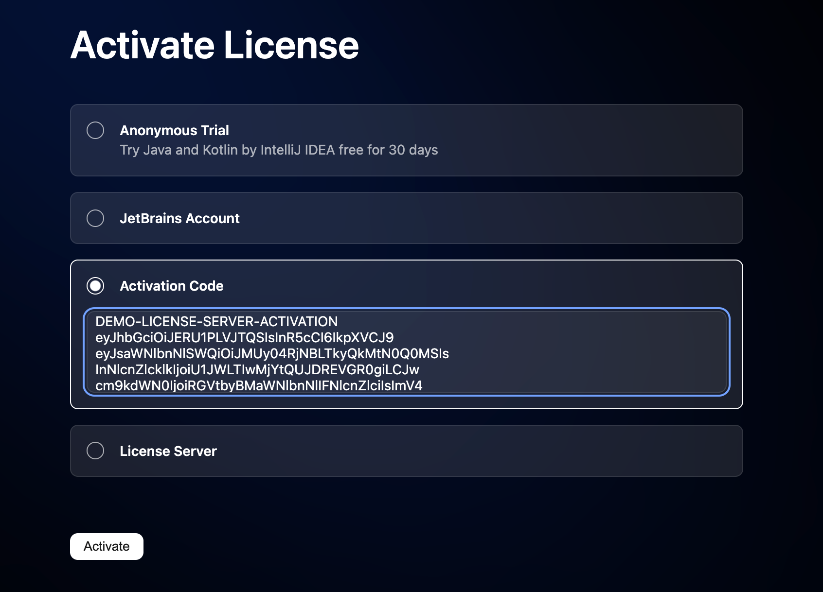 Activate Java and Kotlin by IntelliJ IDEA license with an activation code Activate Java and Kotlin by IntelliJ IDEA license with an activation code