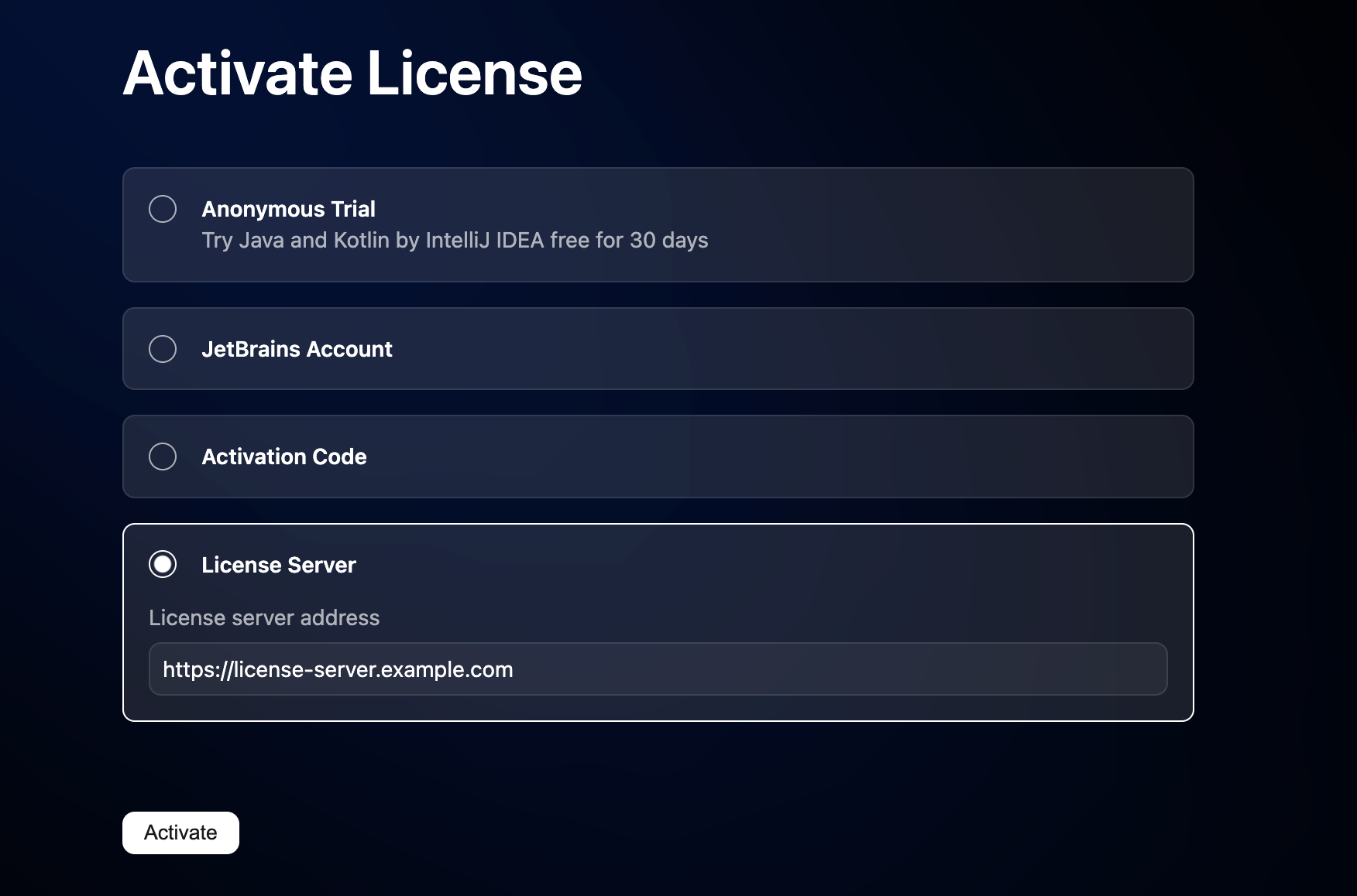Activate Java and Kotlin by IntelliJ IDEA license with a license server Activate Java and Kotlin by IntelliJ IDEA license with a license server