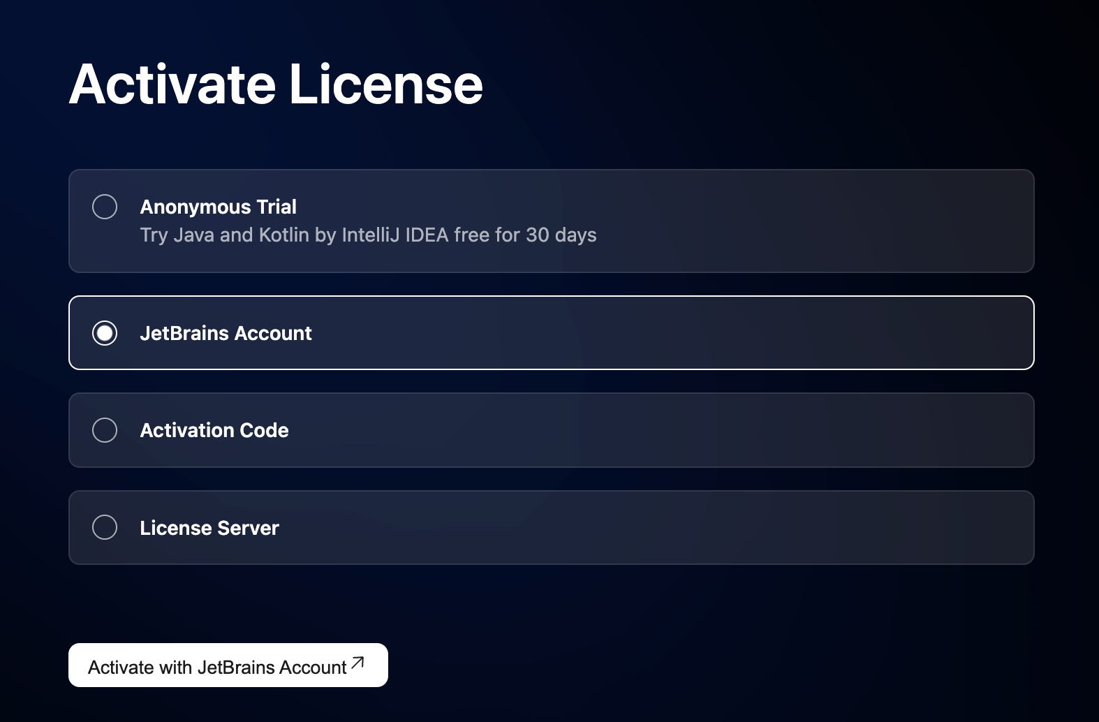 Activate Java and Kotlin by IntelliJ IDEA license with a JB Account Activate Java and Kotlin by IntelliJ IDEA license with a JB Account
