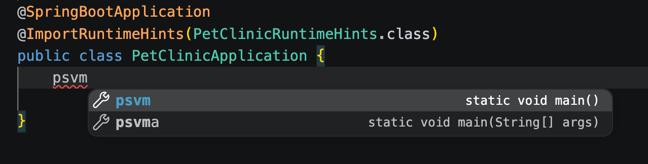 The editor showing the psvm live template abbreviation expanding via a completion popup into a static void main method The editor showing the psvm live template abbreviation expanding via a completion popup into a static void main method