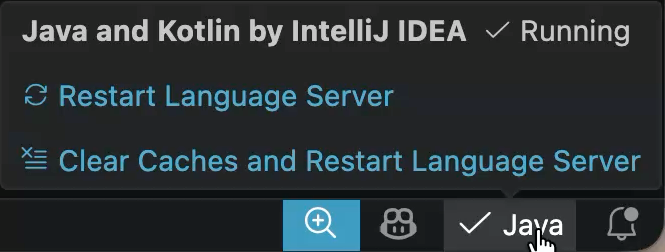 IntelliJ status bar popup
with options to Restart Language Server or Clear Caches and Restart Language Server IntelliJ status bar popup
with options to Restart Language Server or Clear Caches and Restart Language Server