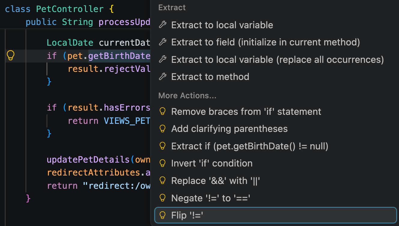 Popup with intention actions Popup with intention actions