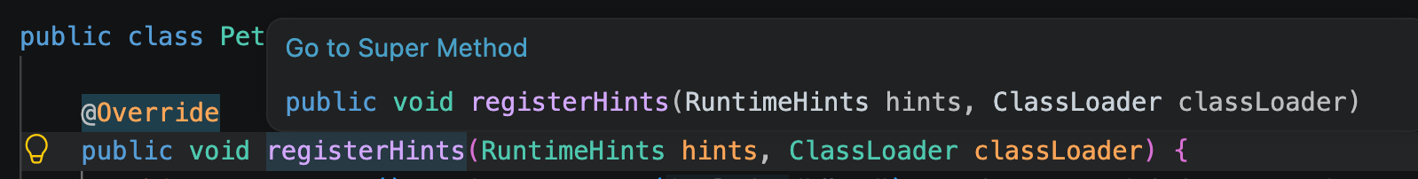 The Go to Super Method popup showing the overridden method signature for a method annotated with @Override
