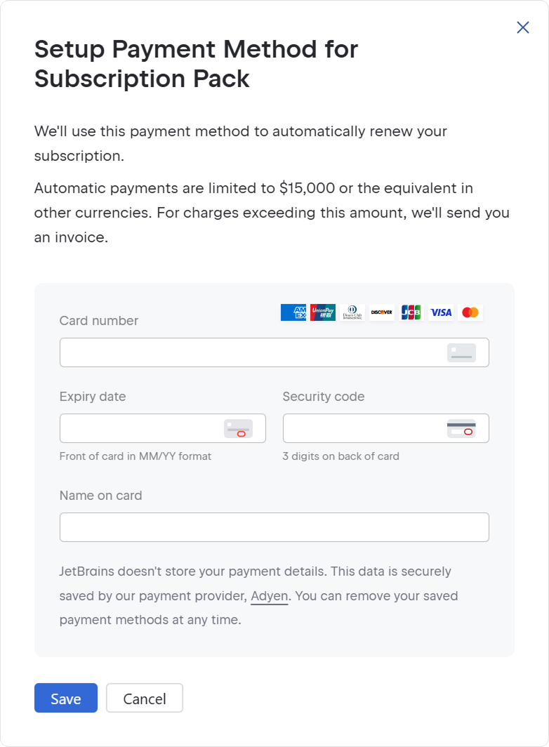 Set up payment dialog to add a new card Set up payment dialog to add a new card