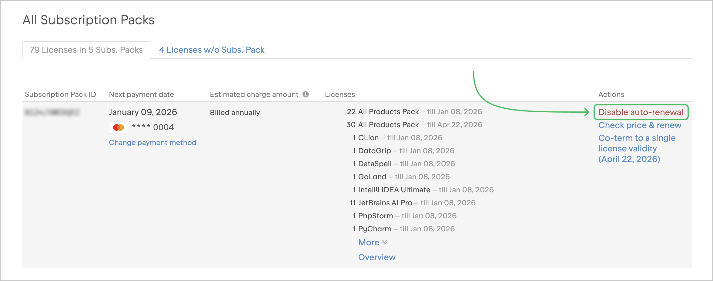 Disable auto-renewal for a subscription pack Disable auto-renewal for a subscription pack
