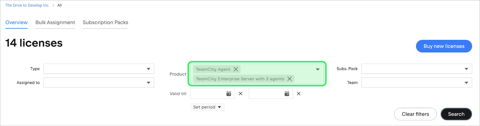 Asset view – Product filter with TeamCity selected Asset view – Product filter with TeamCity selected