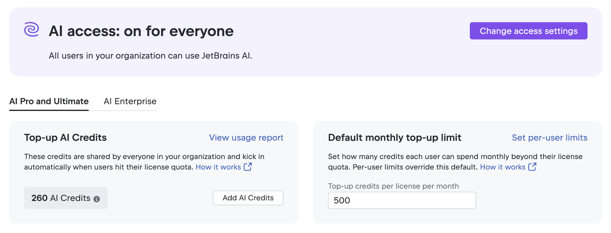 JetBrains AI settings page JetBrains AI settings page