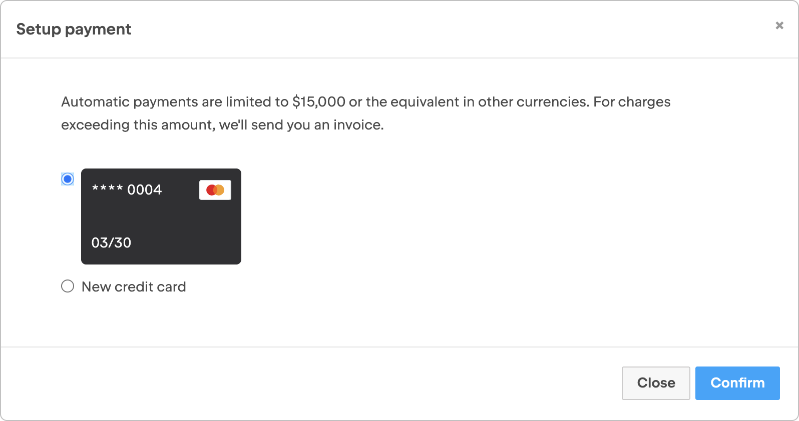Sey up payment dialog with saved card Sey up payment dialog with saved card