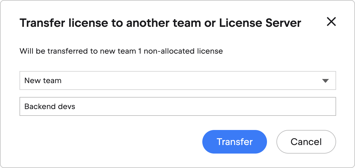 The license transfer confirmation dialog with the New team option selected The license transfer confirmation dialog with the New team option selected