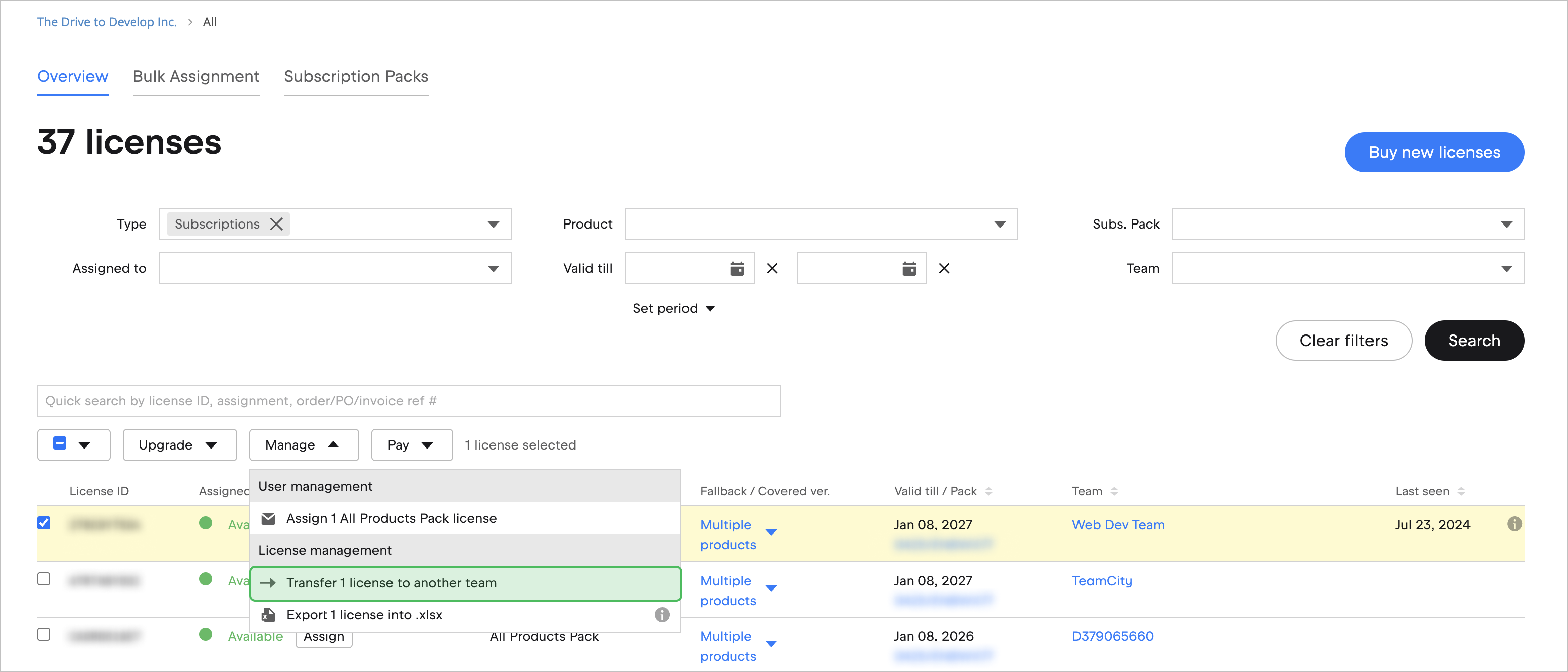 Manage licenses dropdown.png Manage licenses dropdown.png