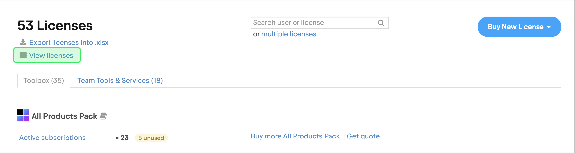 View licenses in a team profile View licenses in a team profile