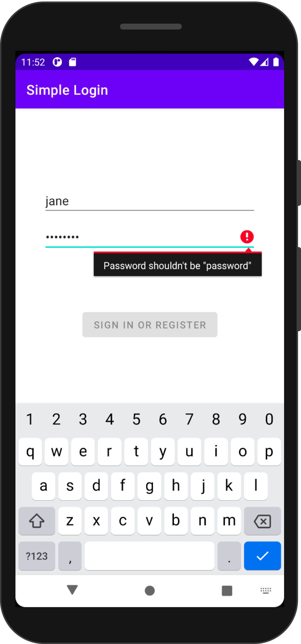 Android application password error