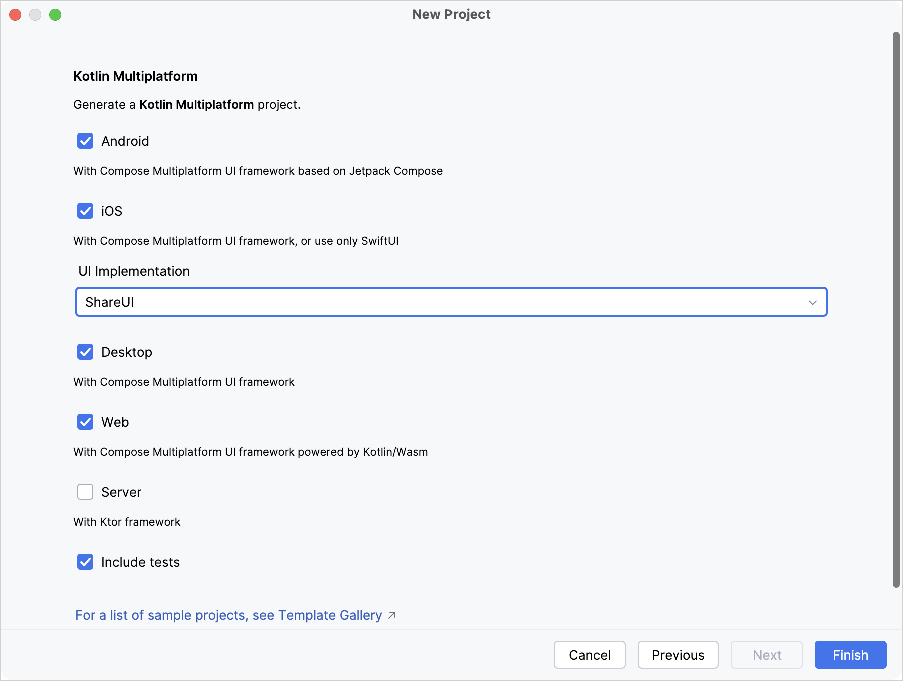 Last step in the Android Studio wizard with Android, iOS, desktop, and web platforms selected Last step in the Android Studio wizard with Android, iOS, desktop, and web platforms selected