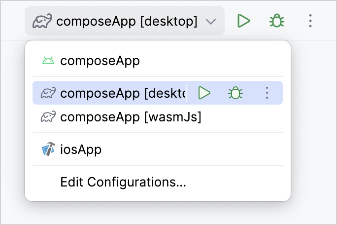 Dropdown with the default desktop run configuration highlighted Dropdown with the default desktop run configuration highlighted
