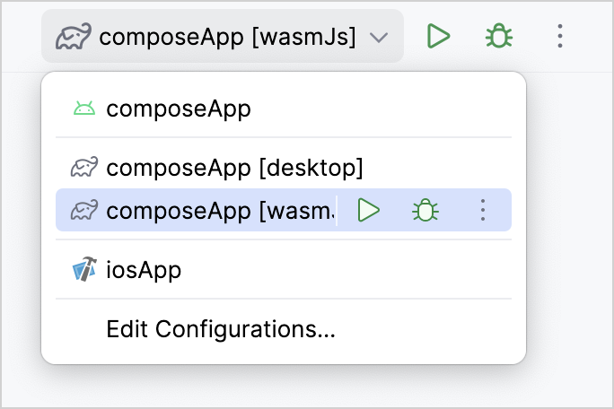 Dropdown with the default Wasm run configuration highlighted Dropdown with the default Wasm run configuration highlighted