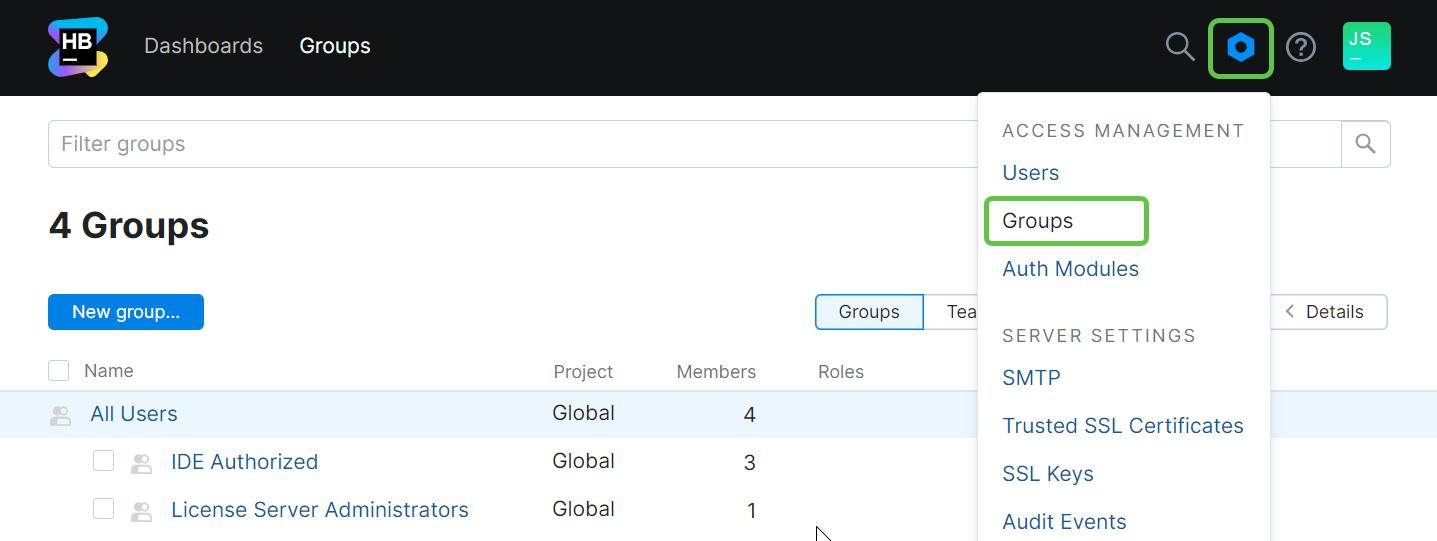 The list of groups configured in JetBrains Hub
