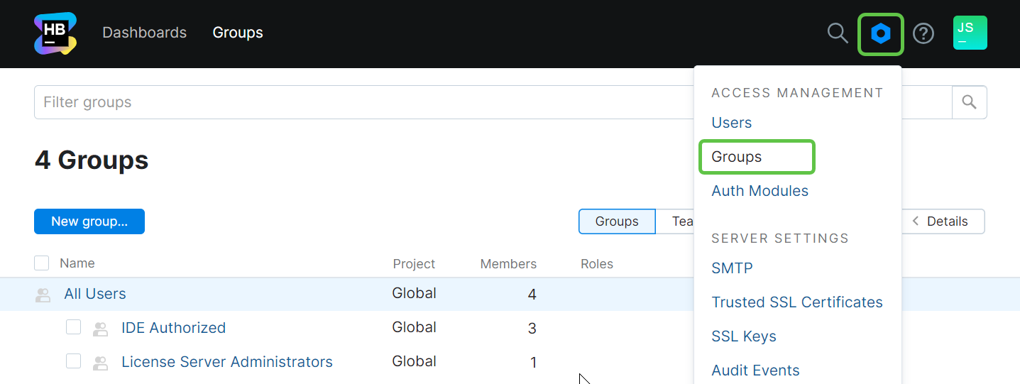 The list of user groups configured in JetBrains Hub