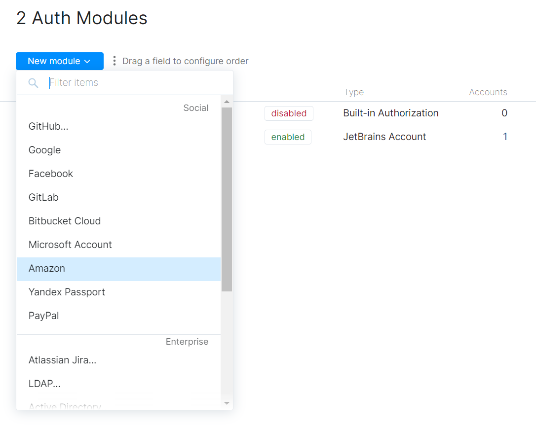 The 'New module' menu with the list of available authentication providers