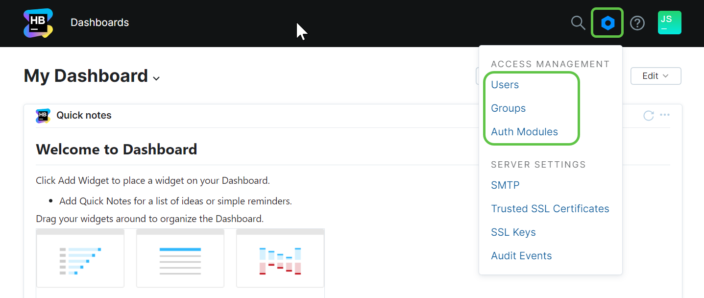 The settings menu on the JetBrains Hub Dashboard