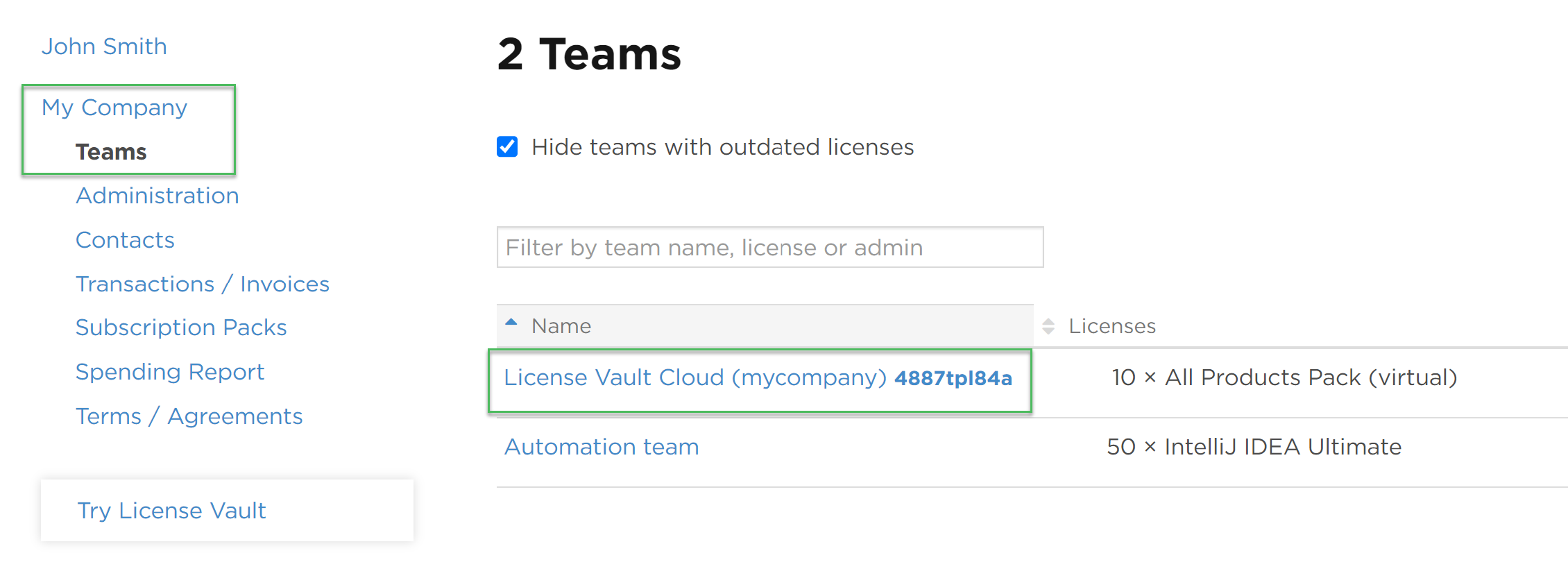 How to access License Vault from JetBrains Account
