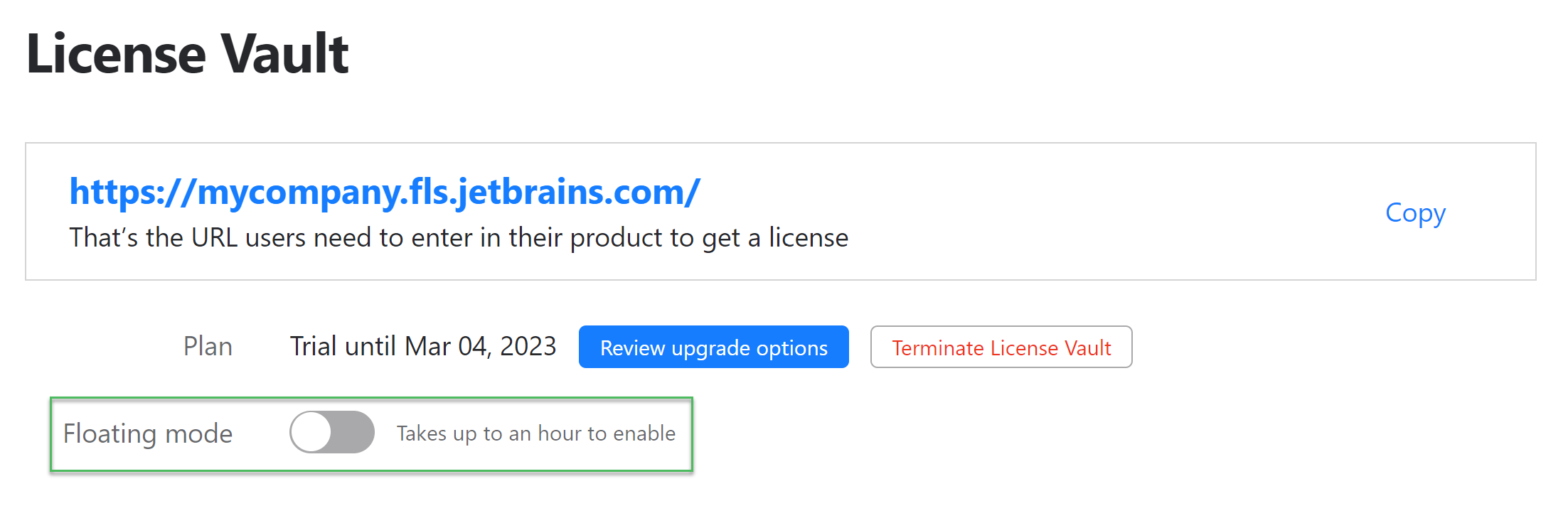 The Floating mode toggle on the License Vault settings page