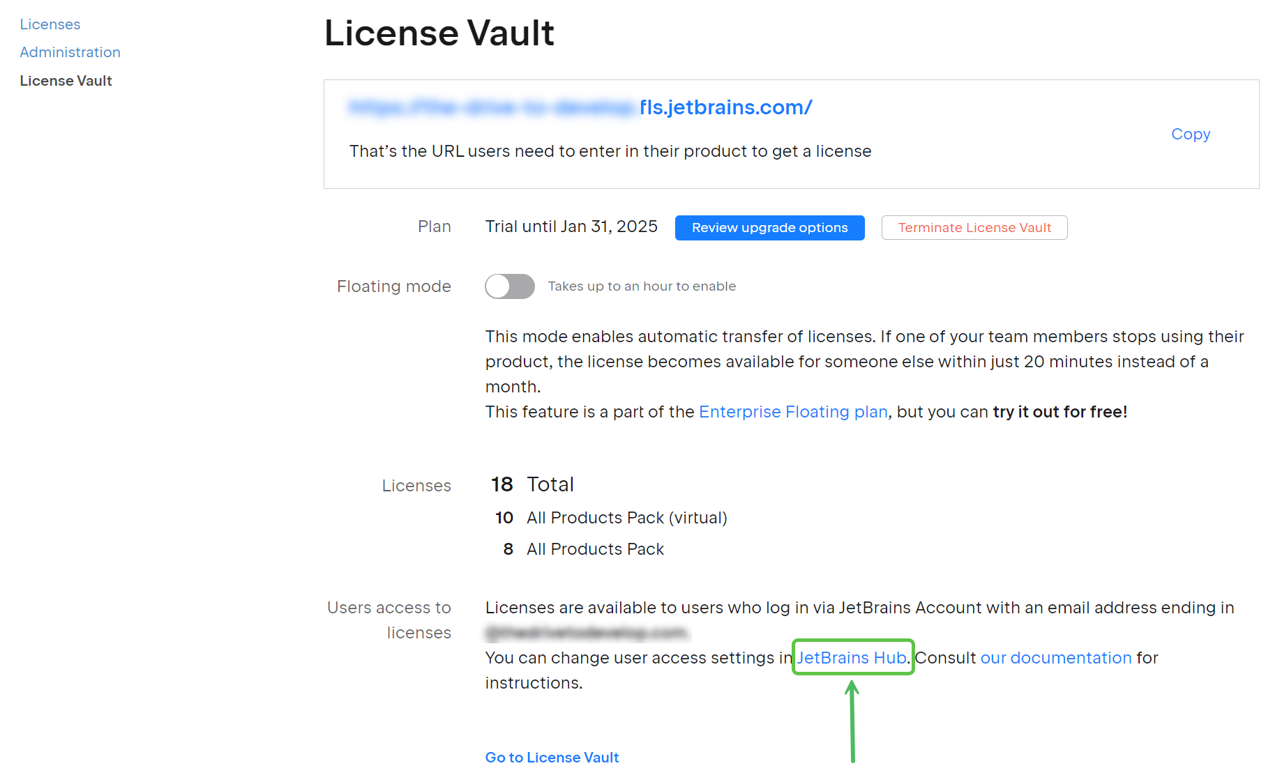 Link to JetBrains Hub in the License Vault settings page in JetBrains Account