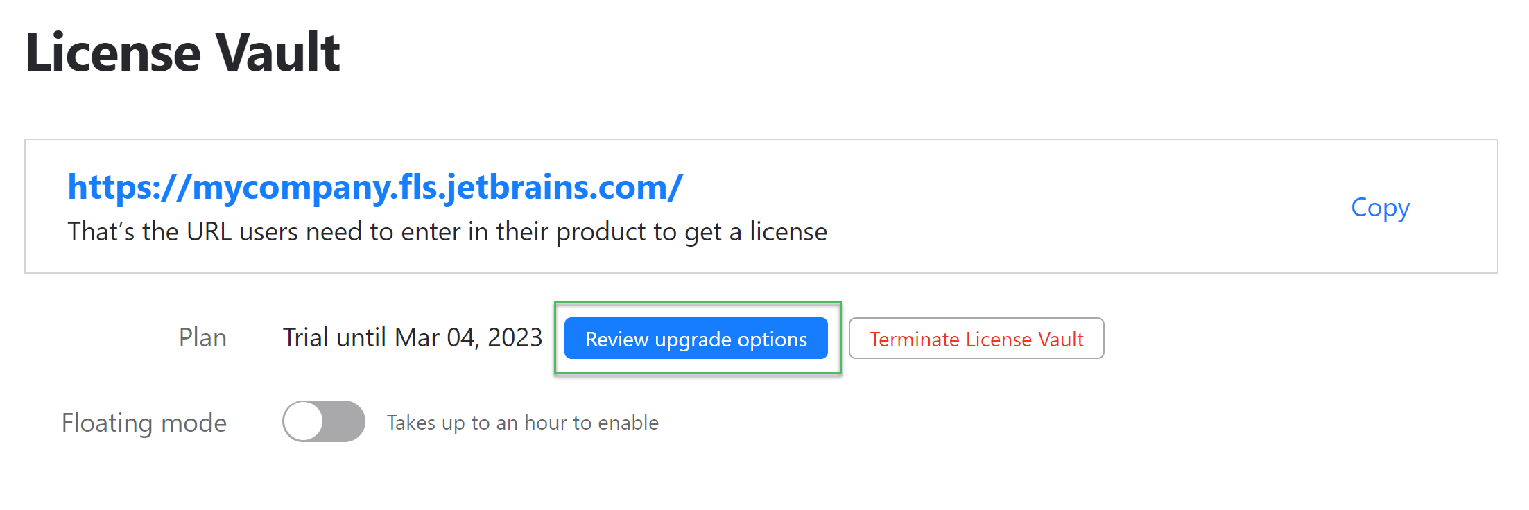 The button to review upgrade options on the License Vault settings page during the trial period