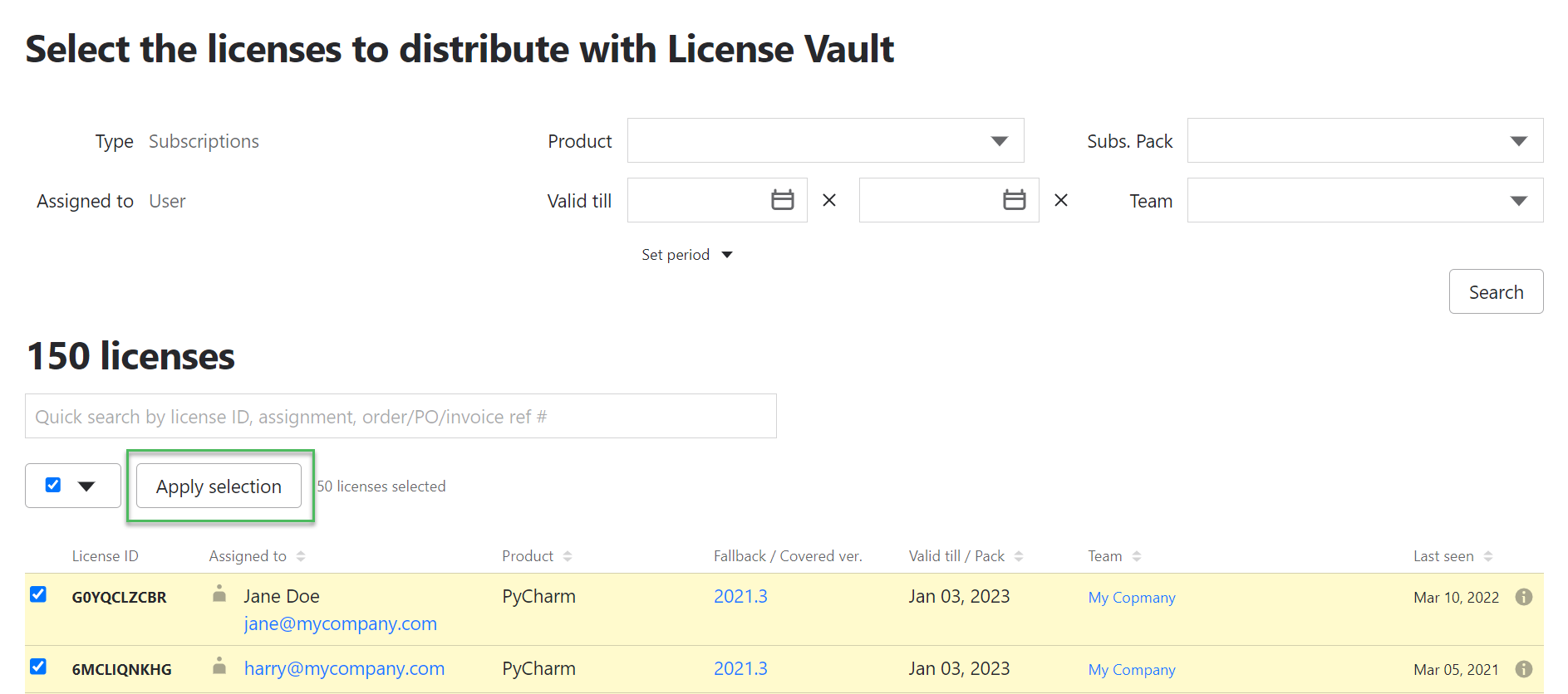 The license selection view