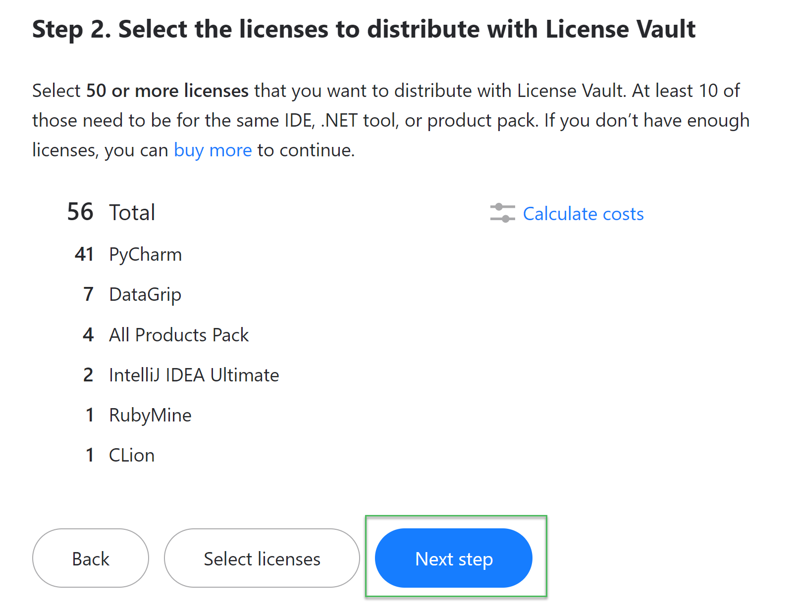 The Next step button on the License Vault upgrade page