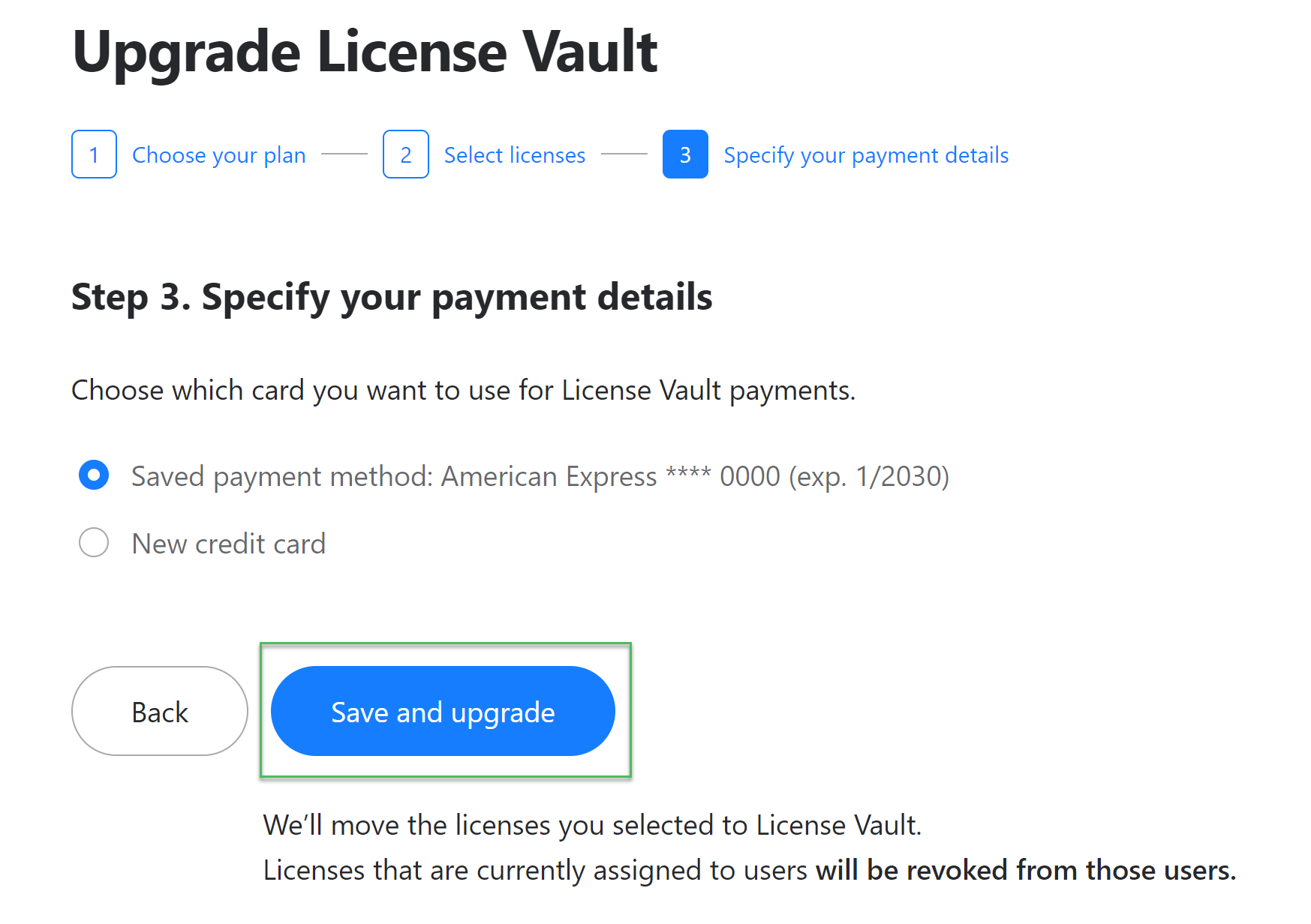 The payment method step in the License Vault upgrading process