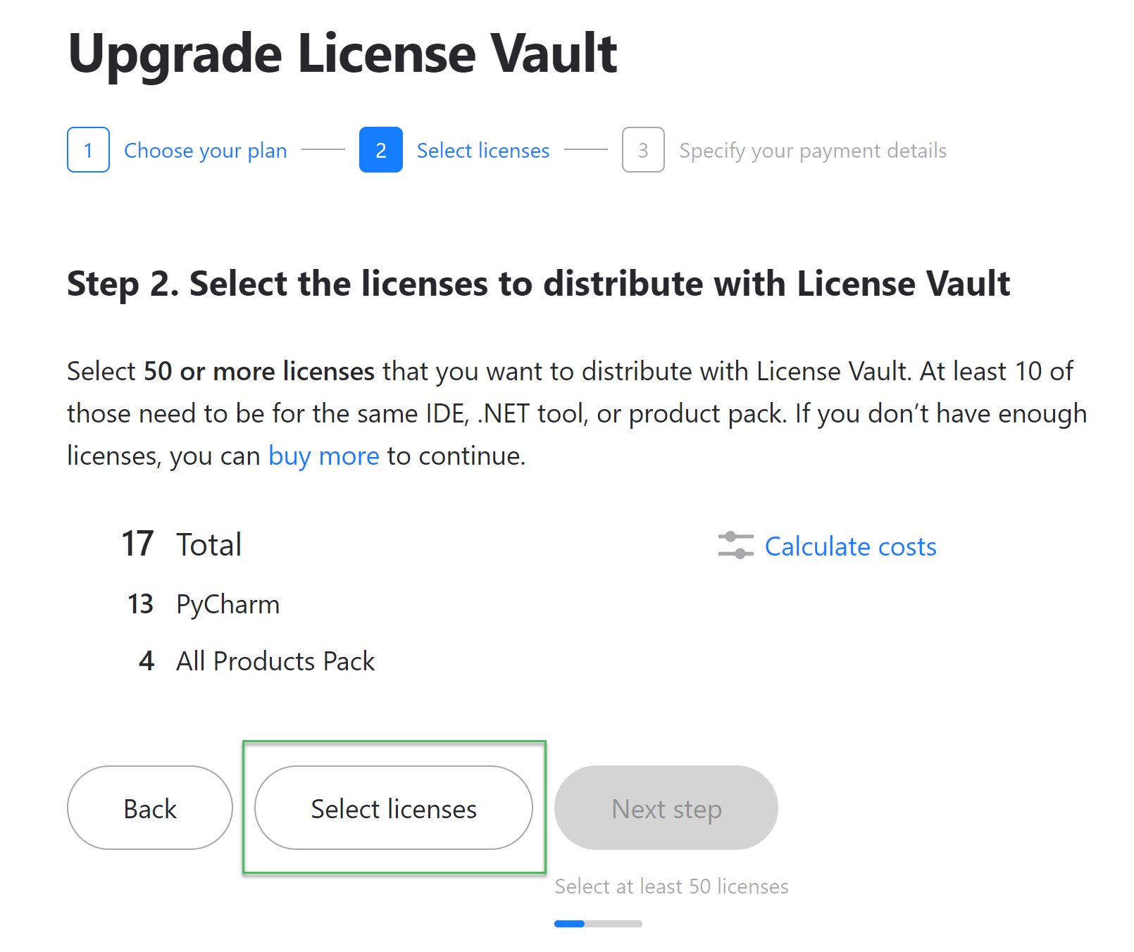The button to select licenses to add to License Vault
