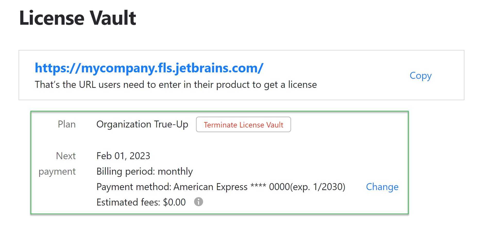 The new plan shown on the License Vault settings page