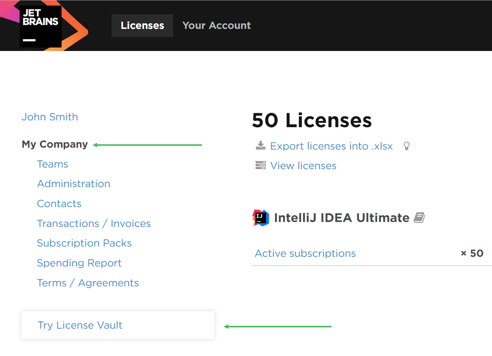 How to locate the button to try License Vault in your JetBrains Account
