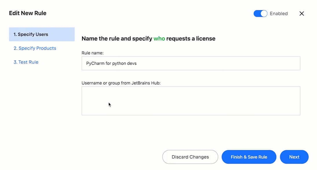 A gif showing the process of specifying user or group names in the rule settings