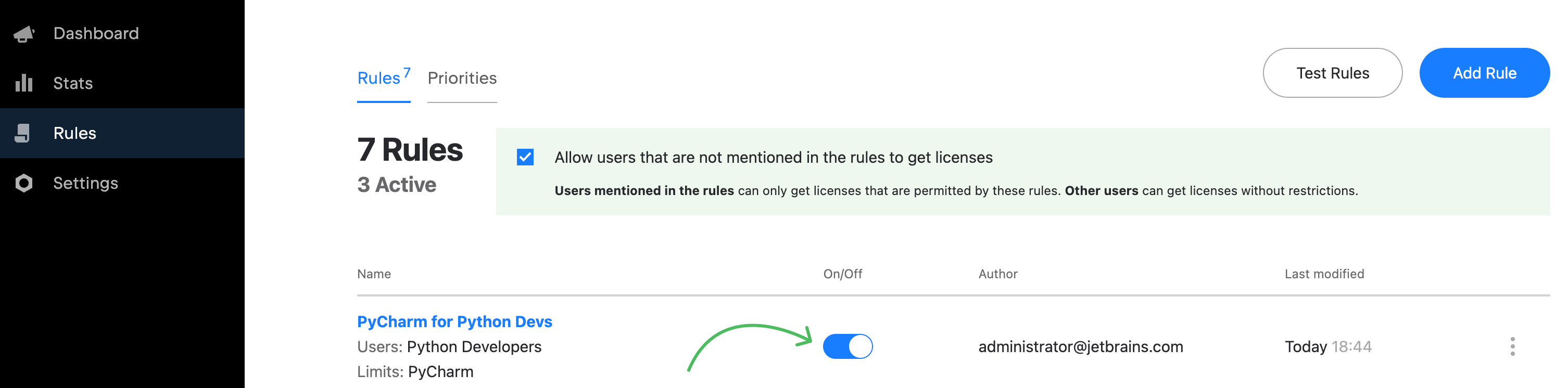 The toggle that enables or disables access rules in License Vault