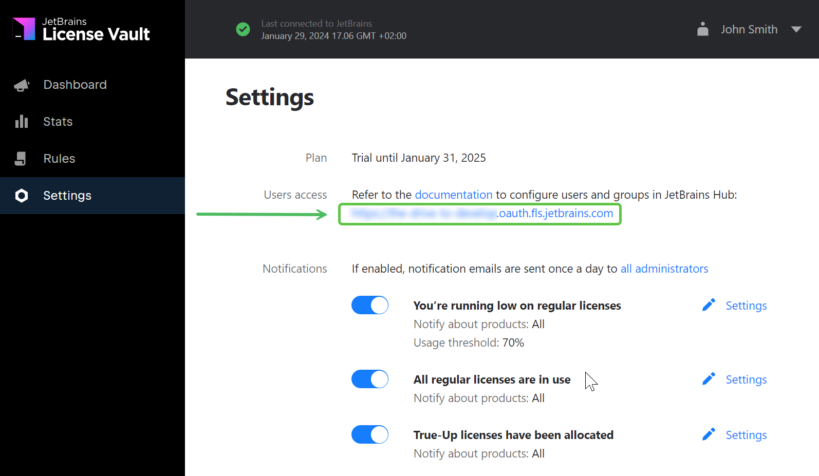 Link to JetBrains Hub in License Vault settings