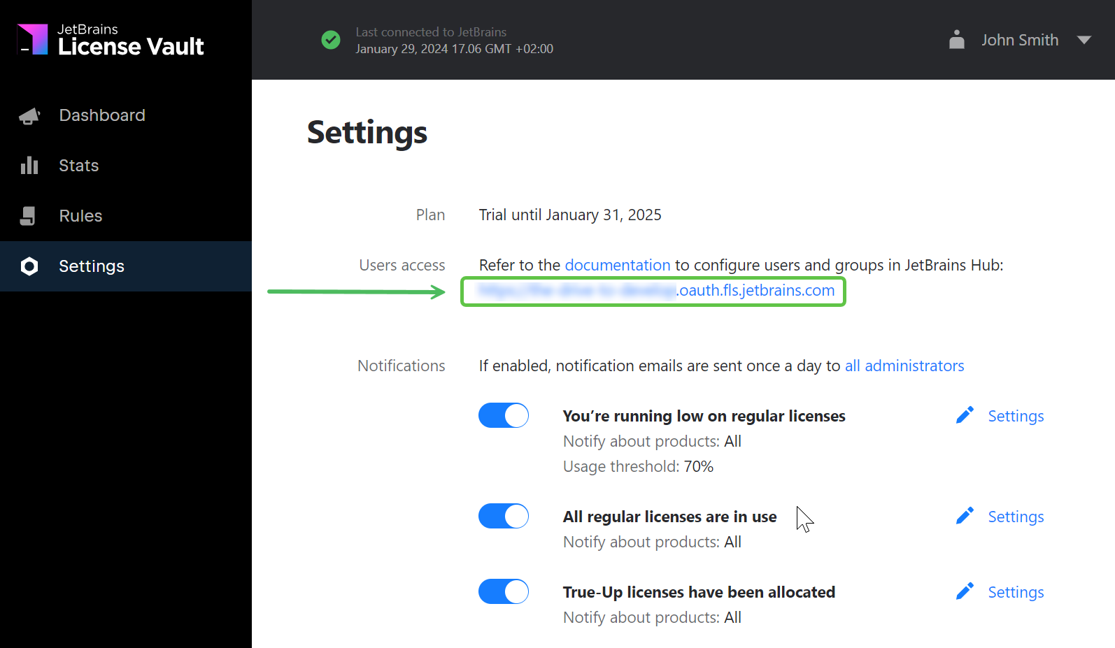 The link to JetBrains Hub in the License Vault settings