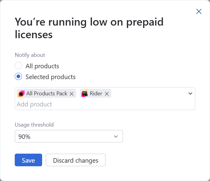 The setting dialog for the 'All prepaid licenses are in use' notification The setting dialog for the 'All prepaid licenses are in use' notification