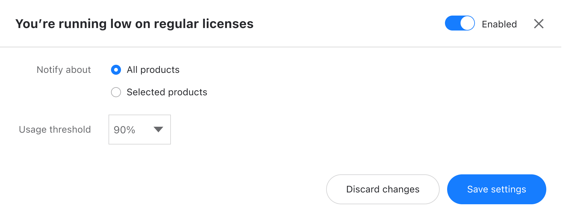 The setting dialog for the 'You're running low on regular licenses' notification