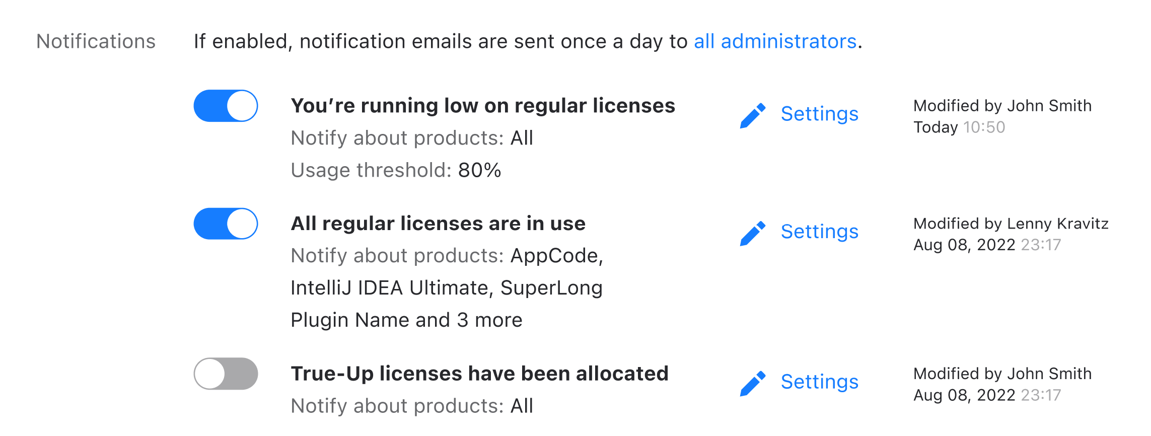 Notification settings in License Vault