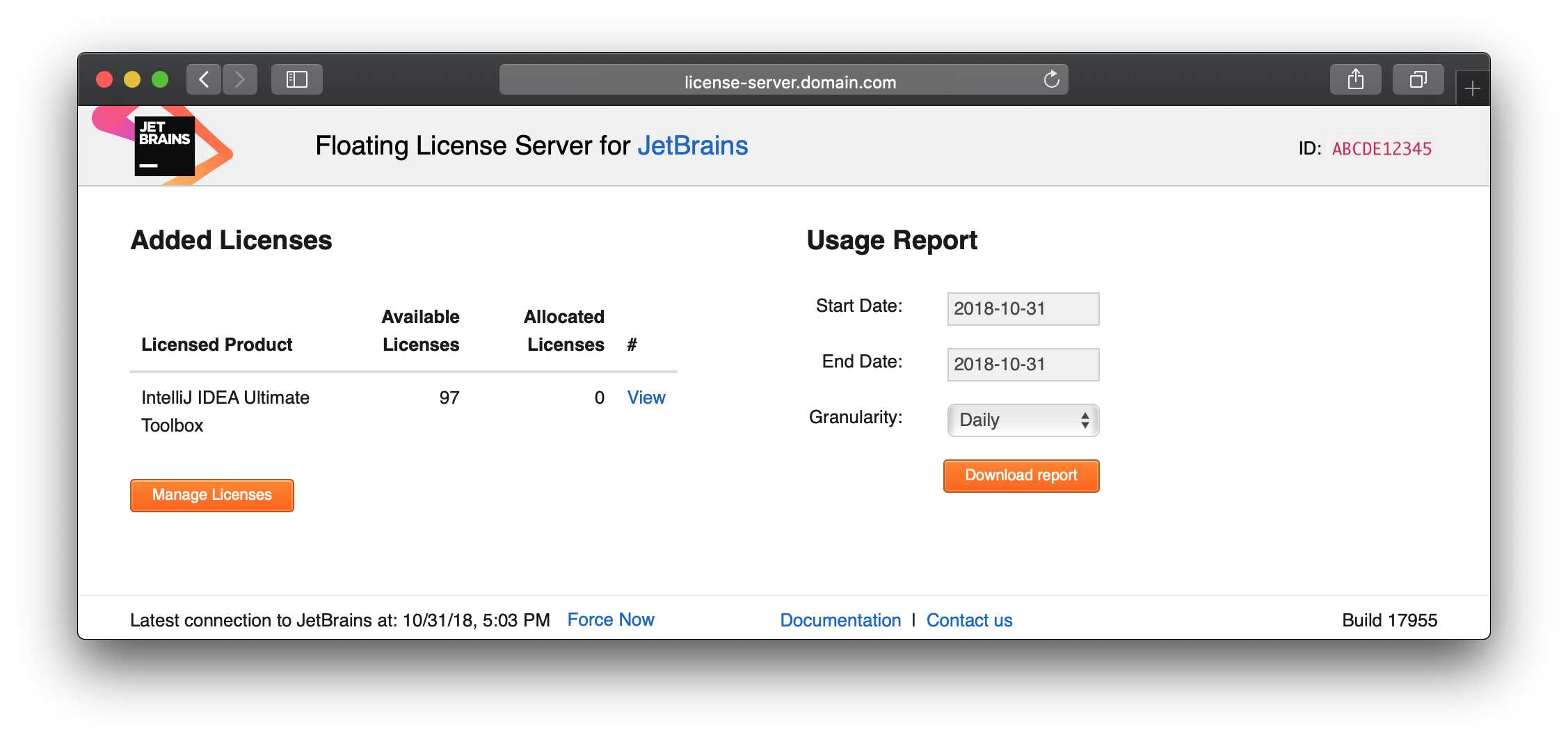 Starting page of registered License Server with 97 licenses available