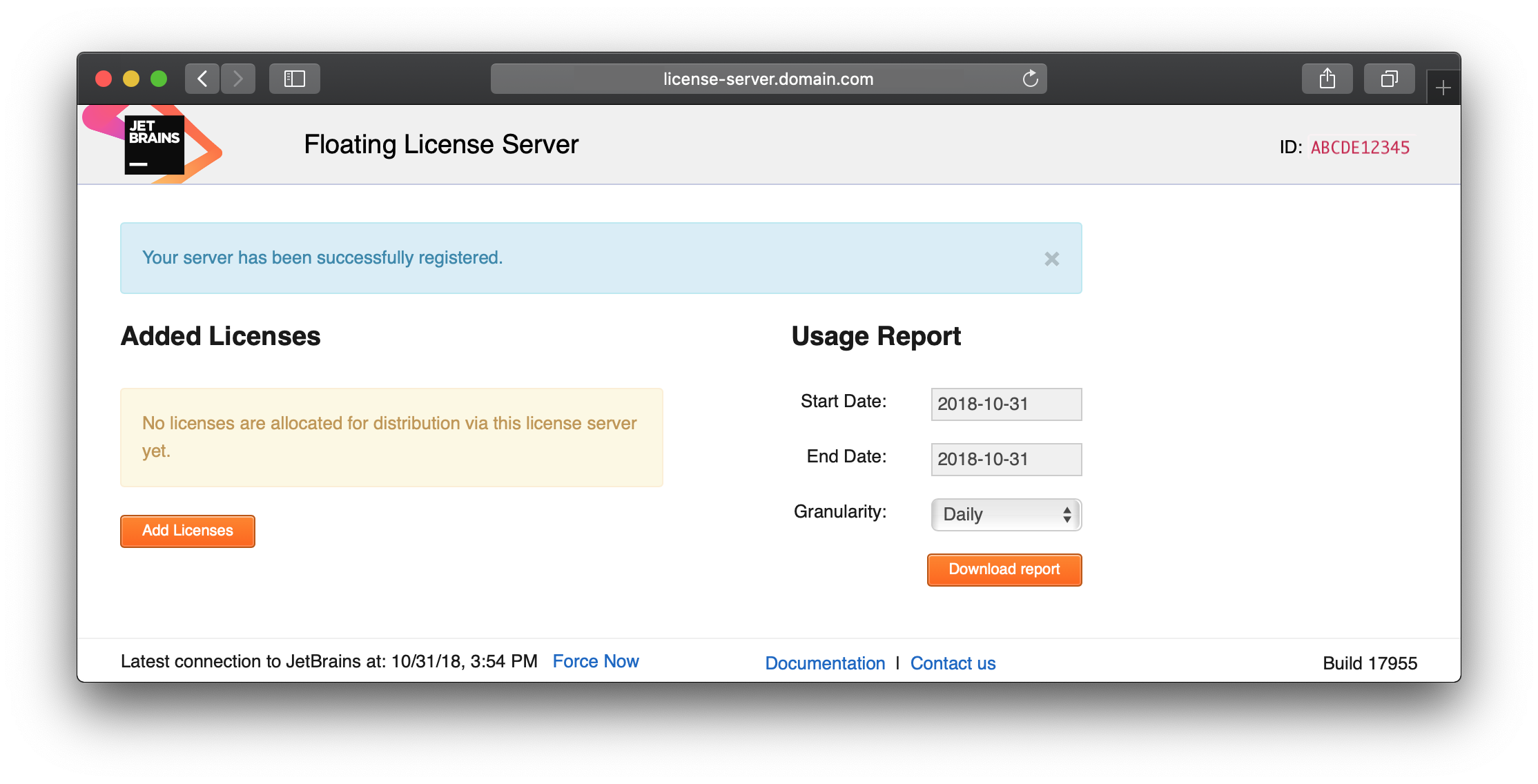 Starting page of registered License Server