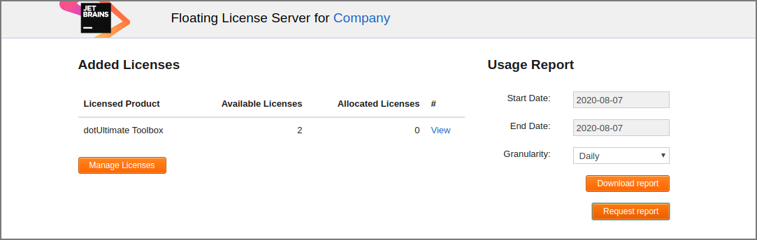 Request report on the License Server dashboard