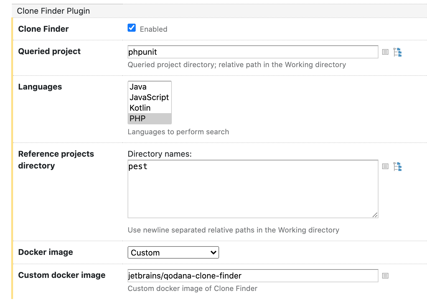 Qodana Clone Finder Build Runner Settings