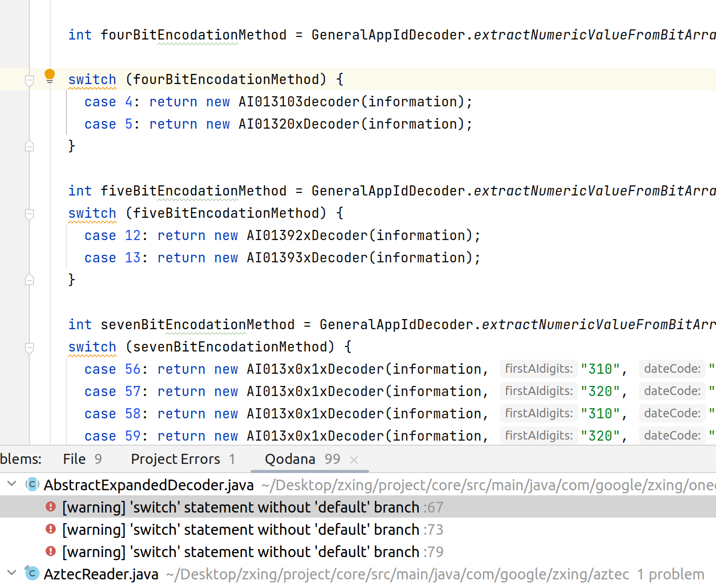 Code highlighting from the Qodana IDE plugin