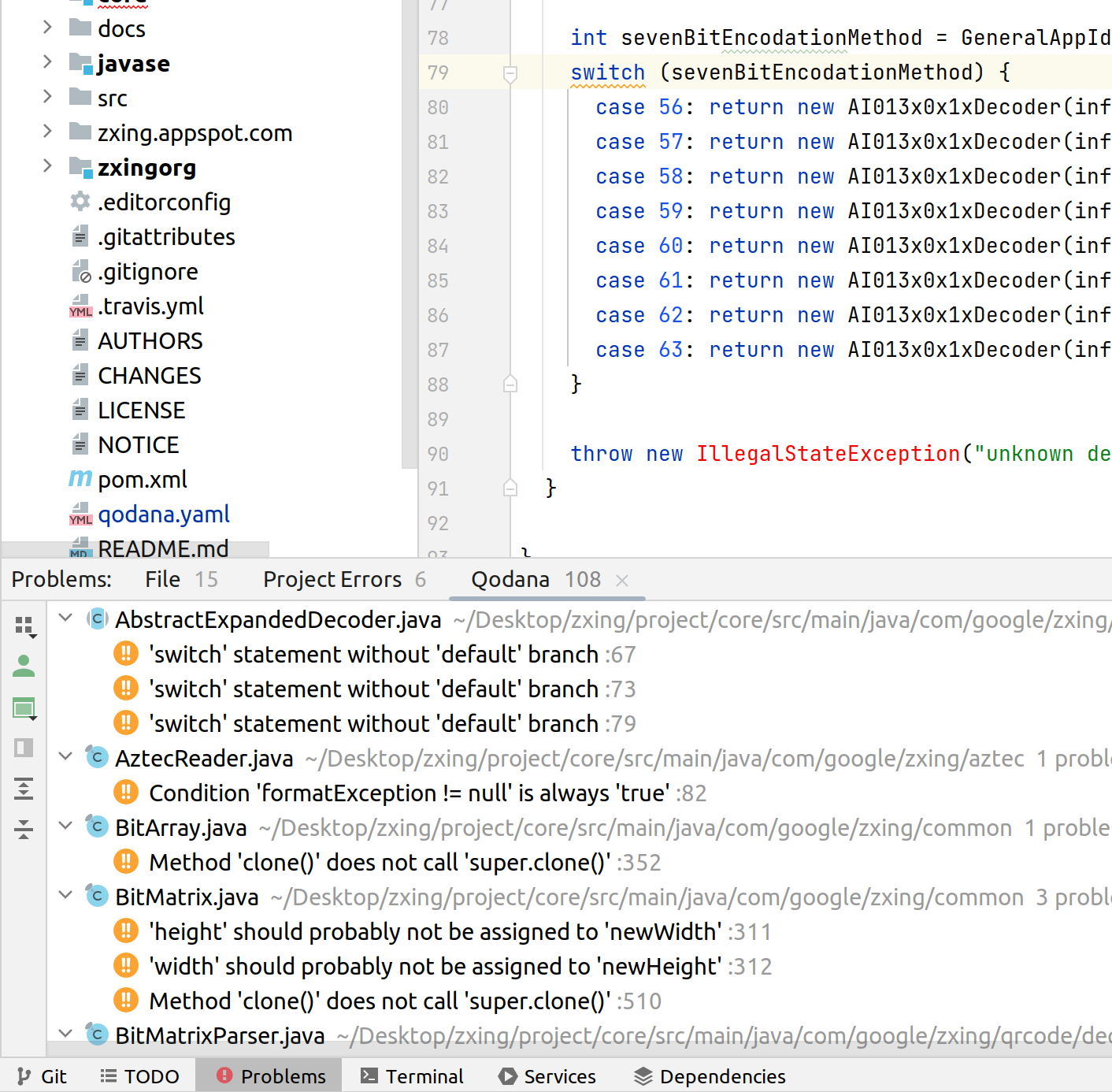 Code highlighting from the Qodana IDE plugin